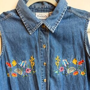 Vintage Tropical Fish Embroidered Denim Tank Top XL Novelty Button Down Ocean